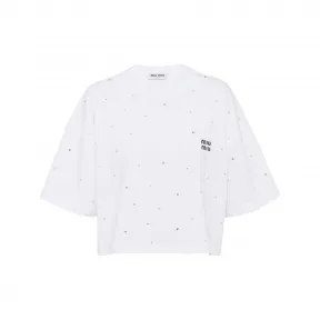 缪缪/Miu Miu 白色 刺绣徽标装饰短裁棉质t恤 MJN385-11EA-F0009