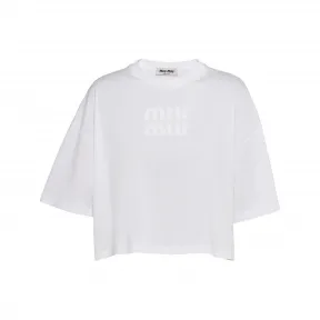 缪缪/Miu Miu 白色 刺绣徽标装饰棉质平纹针织t恤 MJN385-1YXT-F0009