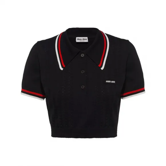 缪缪/Miu Miu 黑色 Silk Cotton Knit Polo Shirt MML642-11CF-F0002