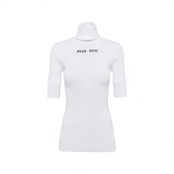 缪缪/Miu Miu 白色 棉质高领平纹针织衫 MMR406-12ZL-F0009