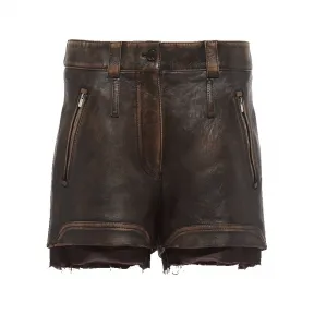 缪缪/Miu Miu 沙色/咖啡色 复古风软羊革短裤 MPP358-1134-F0V6L
