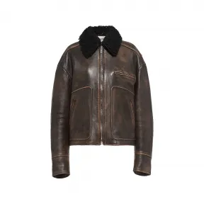 缪缪/Miu Miu 沙色/咖啡色 羊皮毛领软羊革外套 MPV826-1134-F0V6L