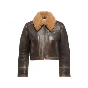 缪缪/Miu Miu 沙色/咖啡色 羊皮毛领软羊革外套 MPV827-1134-F0V6L