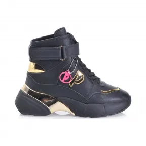 品高/Pinko 黑金 LUGANO 1层叠和鱼子酱皮革运动鞋 1H20NWY5MGZH2