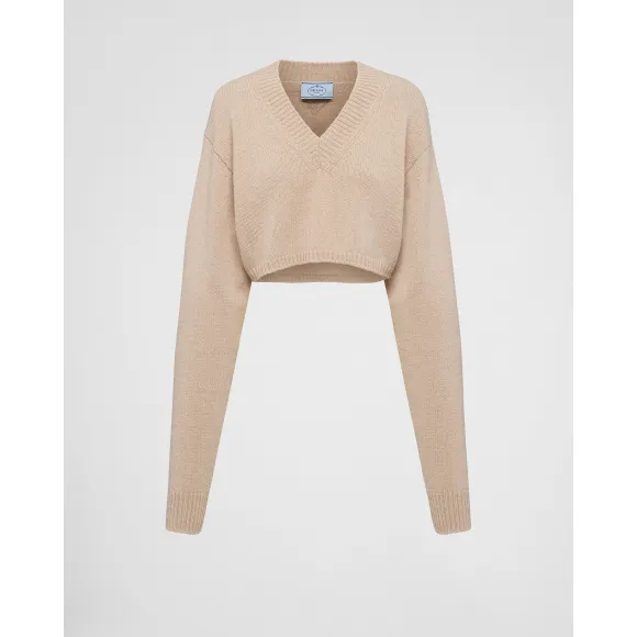 普拉达/Prada 羊毛混羊绒V领毛衣 P24T1U-12CW-F0040