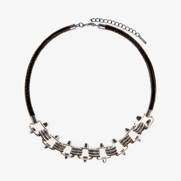  机械齿轮镶嵌链式皮绳项链 ACCTJ2-SILVER