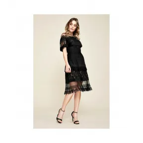  压褶网纱蕾丝拼接露肩连衣裙 BBT18364MH