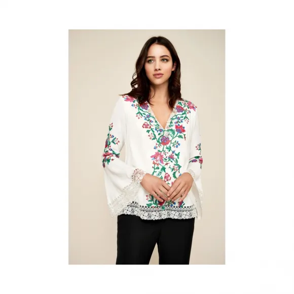  花朵刺绣拼接V领上衣 BDB18423H