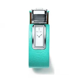 Tiffany T 系列 2-Hand 腕表，33 x 16 毫米纯银表壳，搭配 Tiffany Blue® 蒂芙尼蓝色皮表带 