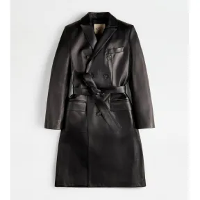 托德斯/Tod's 女人 黑色 双排扣皮革风衣 X1W60491020WKFB999