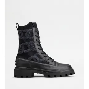 托德斯/Tod's 女人 黑色 Kate织物拼皮革格斗靴 XXW08J0GB60SNOB999