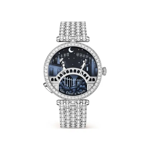 梵克雅宝/Van Cleef & Arpels Poetic Complications®诗意复杂功能腕表系列 38 MM 18K白金表壳 自动上链机械机芯（Valfleurier Q020），搭载为Van Cleef &Arpels梵克雅宝独家研发的逆跳及按需动画模块，36小时动力储存 男表 VCARO90900