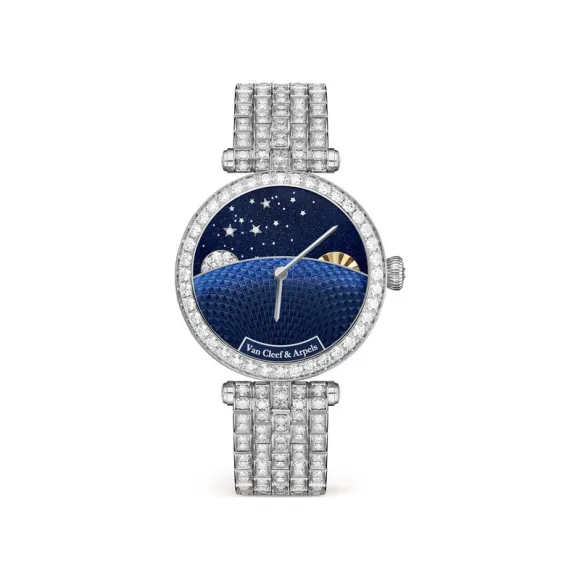 梵克雅宝/Van Cleef & Arpels Poetic Complications®诗意复杂功能腕表系列 33 MM 18K白金表壳 自动上链机械机芯，配备24小时模块，36小时动力储存。 女表 VCARPBNA00