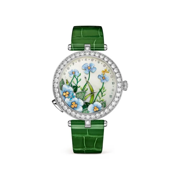 梵克雅宝/Van Cleef & Arpels Poetic Complications®诗意复杂功能腕表系列 38 MM 18K白金表壳 Self-winding mechanical movement with flower-breezing and butterfly wandering module, 12-hour time display. 男表 VCARPERU00
