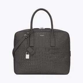 伊夫圣罗兰/Yves Saint laurent 经典MUSEUM小号深灰黑色鳄鱼压纹真皮公文包 342605CS30E1257