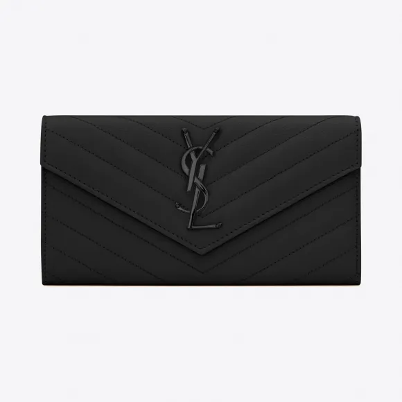 伊夫圣罗兰/Yves Saint laurent 大号monogram图案型圣罗兰翻盖钱包，采用黑色颗粒纹理小羊皮皮革 3722