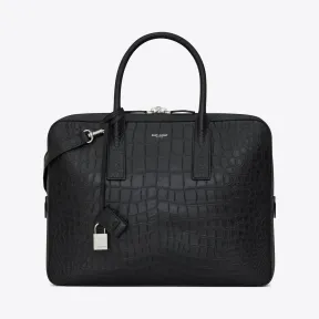 伊夫圣罗兰/Yves Saint laurent 经典MUSEUM 小号扁平黑色鳄鱼皮压公文包
 377865CS30E1000