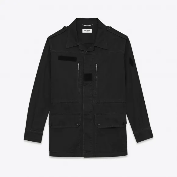 伊夫圣罗兰/Yves Saint laurent 黑色棉质和亚麻华达呢军装风格风雪大衣 415939Y553L1000