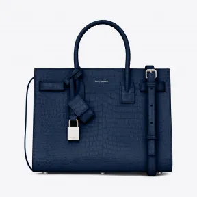 伊夫圣罗兰/Yves Saint laurent SAC DE JOUR 迷你亮面蓝宝石蓝色鳄鱼纹压花真皮包  421863DN