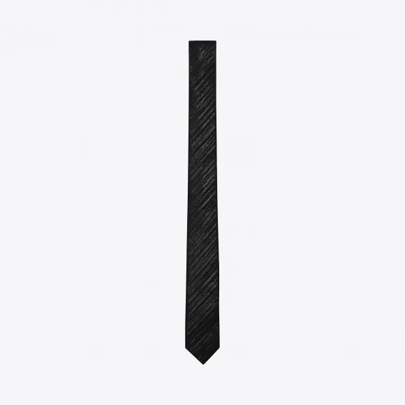 伊夫圣罗兰/Yves Saint laurent 标志性网球条纹、黑色涤纶针织窄领带 4412524Y4081060