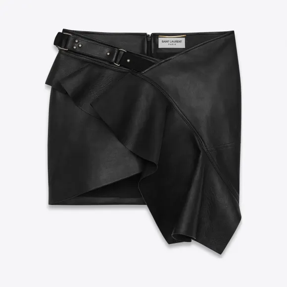 伊夫圣罗兰/Yves Saint laurent 黑色真皮不对称褶边裙  469069YC2GA1000