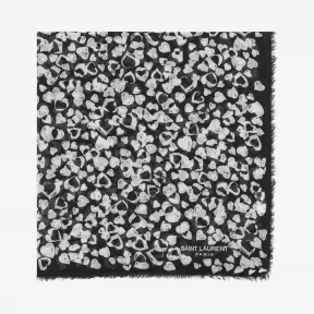 伊夫圣罗兰/Yves Saint laurent 羊毛纱罗黑色及象牙色花瓣心型印花大号方巾 4826403Y2001078