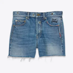 伊夫圣罗兰/Yves Saint laurent 复古蓝色牛仔布修身刺绣短裤  483613Y883L4068