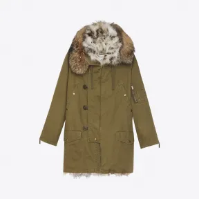 伊夫圣罗兰/Yves Saint laurent 卡其色棉华达呢和多色皮草宽松大衣 487861Y150R2840