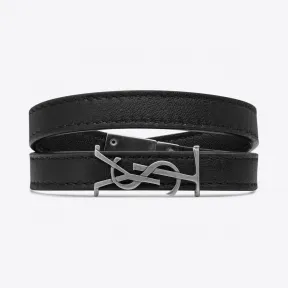 伊夫圣罗兰/Yves Saint laurent OPYUM 黑色真皮银色调金属双层缠绕手链   536073BOO0D1000